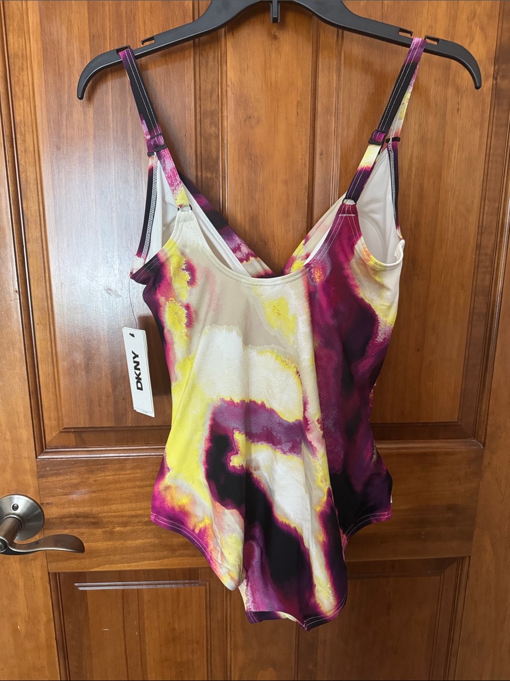 DKNY Tie-Dye One-Piece Swimsuit in Purple, Yellow & White - Picture 2 of 4